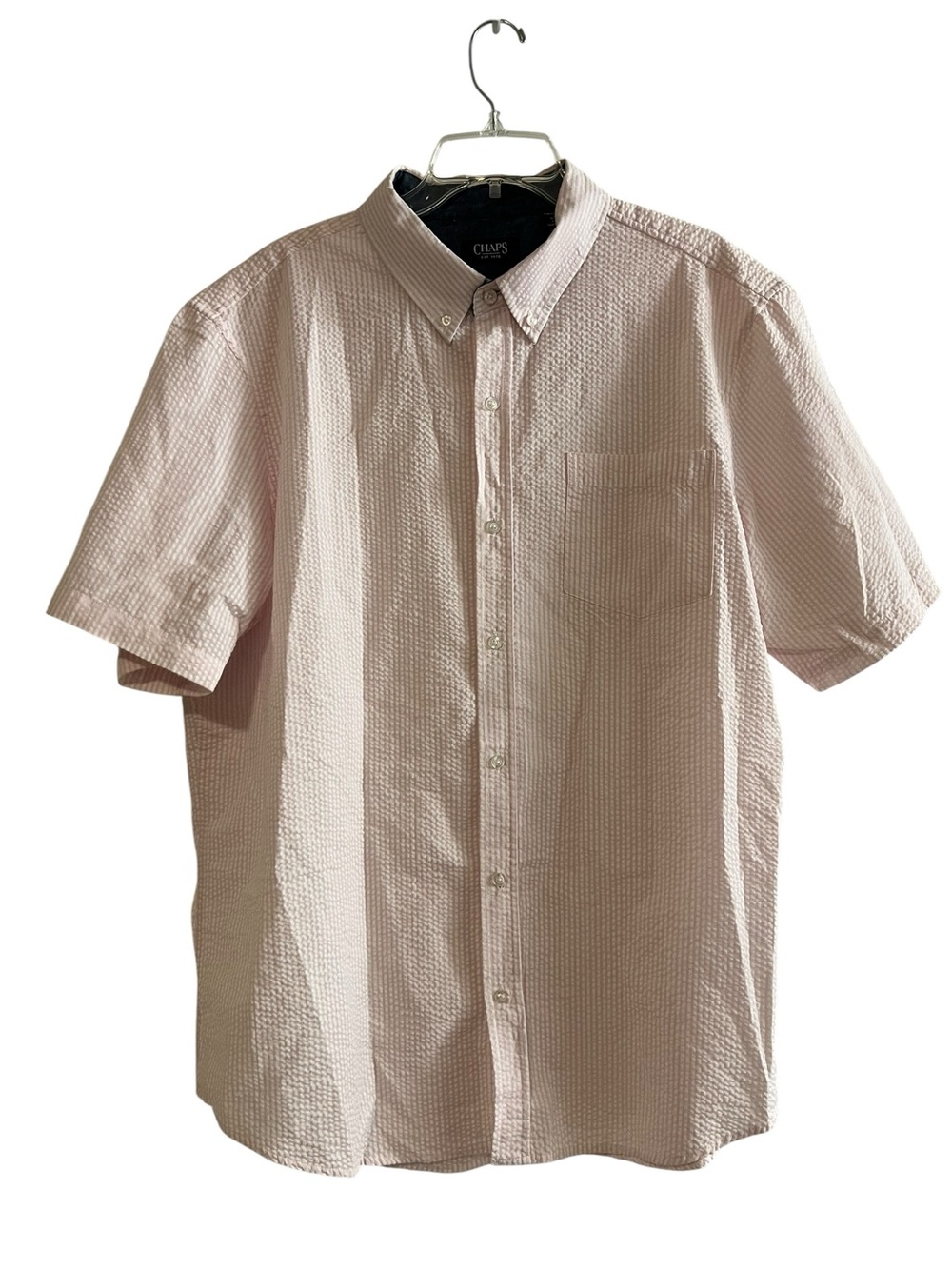 Chaps Seersucker Short Sleeve Button Down Shirt Light Pink XXL